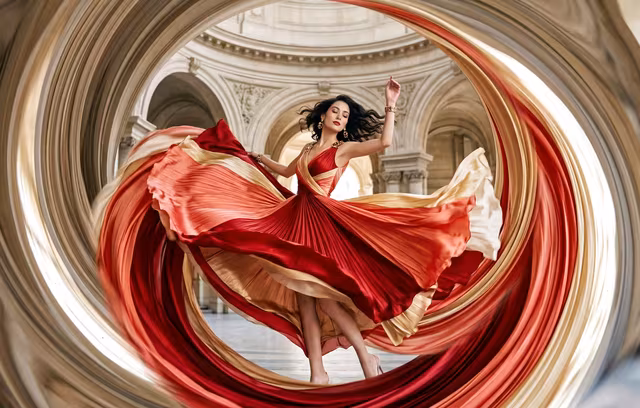 Twirl photo effect preview with a fashion subject inside a spiral motion scene